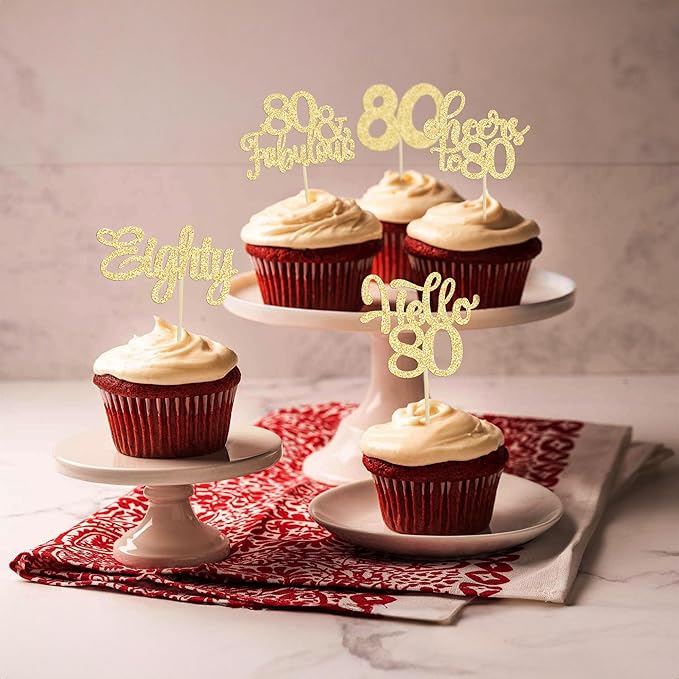 Gyufise 30Pcs Happy 80th Birthday Cake Topper, Gold, for Birthday Anniversary Party Decorations