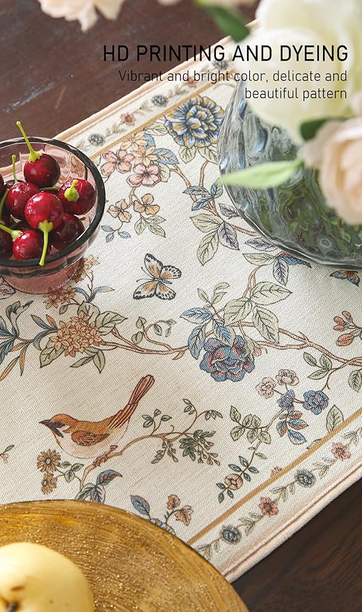 ISAENNE Designer Linen Table Runner 102 Inches Long,Elegant Floral Bird Pattern Table Runners for Dining Room,Farmhouse Rustic Kitchen Decor,Thanksgiving,Christmas,12"*102"-Cornucopia
