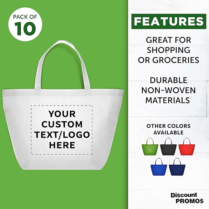 DISCOUNT PROMOS Custom Southern Style Grocery Tote Bags Set of 10 - Personalized Bulk Pack, Reusable Grocery & Shopping Bags - Great for Travel, Carry on Bag, Business Promotions - White - 20"X13"X8"