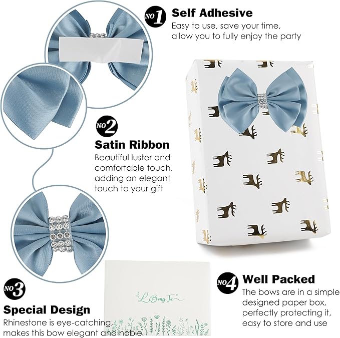 Satin Bows 4'' Premade Dusty Blue Ribbon Bow, Blue Gift Bows With Rhinestone, Wrapping Bows For Presents, Greeting Cards, Treat Bags, Wine Bottles, Valentines Bows For Gift Wrapping-12 Counts