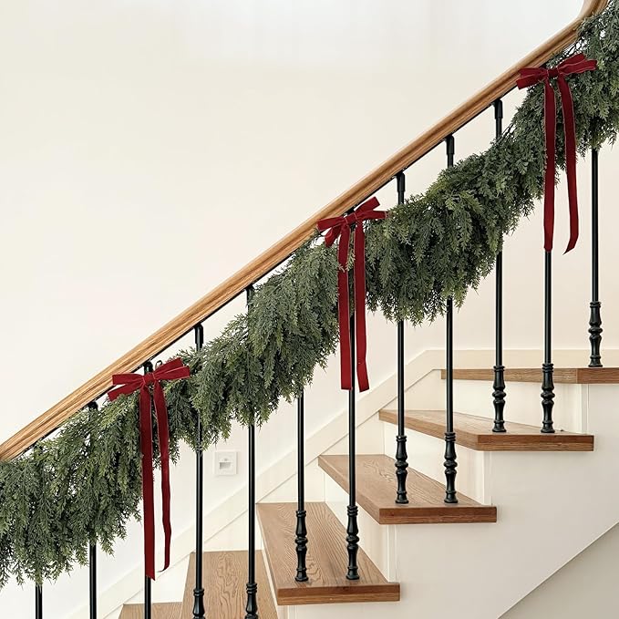 2Pcs 9FT Christmas Cedar Garland Artificial Real Touch Thickness Realistic Greenery Pine Garland for Mantle Fireplace Outdoor Indoor Christmas Decorations