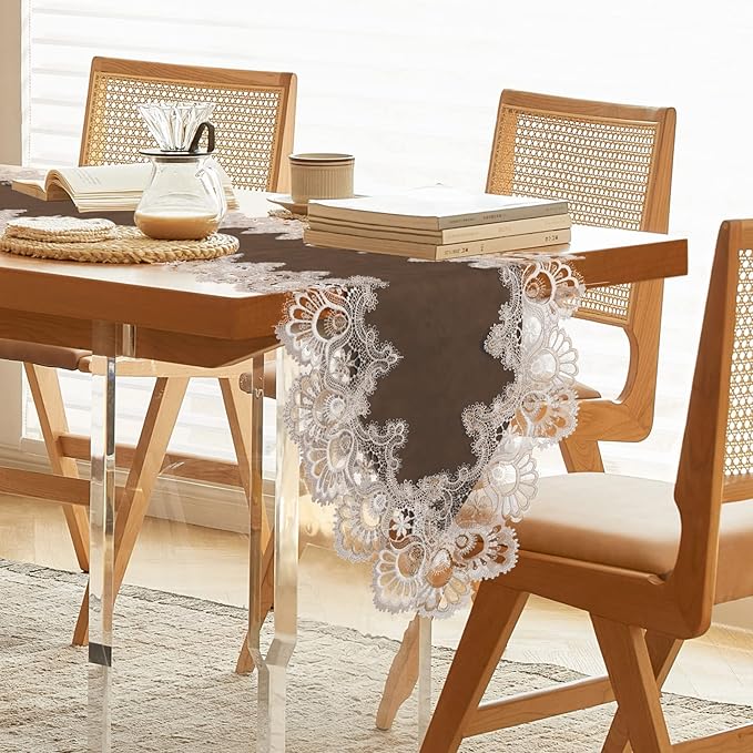 Vintage Lace Dining Table Runner, 120 Inches Floral Coffee Table Runners for Kitchen Home Christmas Party Decorations (16x120 inch, Brown)