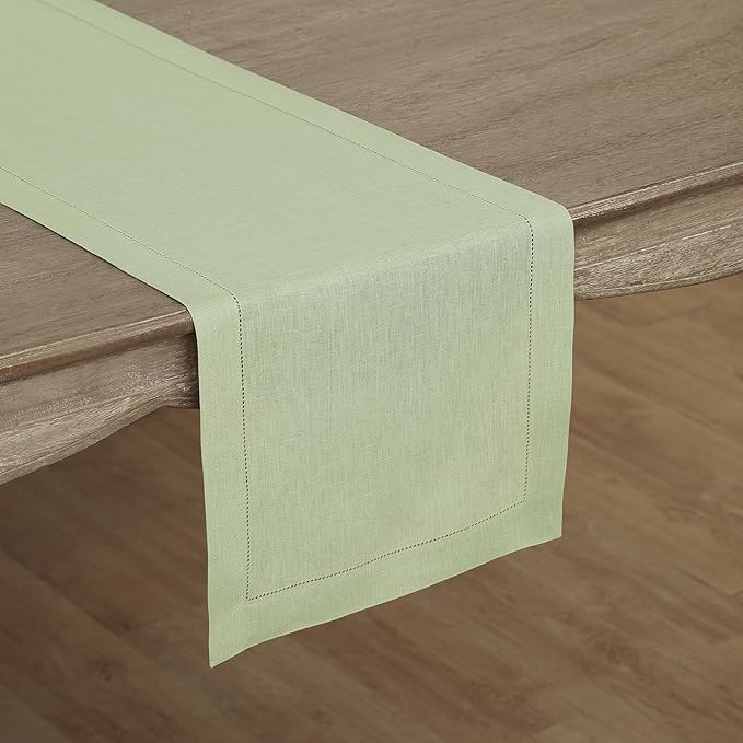 Solino Home Linen Table Runner 36 Inches - 100% Pure Linen Sage Green Hemstitch Table Runner 14 x 36 Inch Ideal for Dresser and Coffee Tables - Fall, Thanksgiving, Christmas - Classic Hemstitch