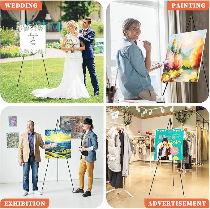 Easel Stand for Sign, 63" Portable Easels Stand for Display, Lightweight Adjustable Tripod Art Easel Stand for Wedding Sign, Black Metal Painting Easel with Portable Bags (2 Pack)