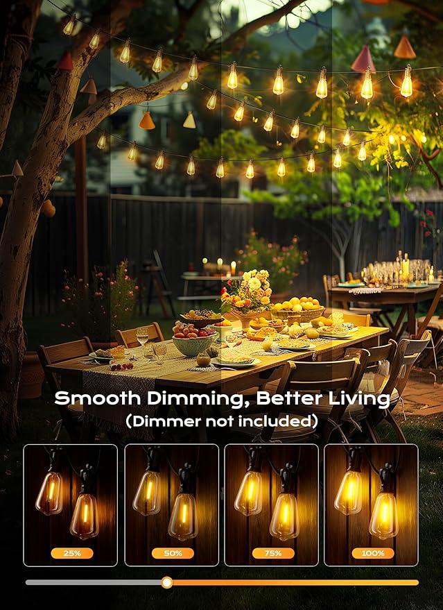 Brightown Outdoor String Lights, 50FT 18+1 LED ST38 LED Patio Lights Shatterproof, Dimmable IP65 Waterproof Connectable Hanging Outdoor Light for Backyard, Porch, Deck, Balcony