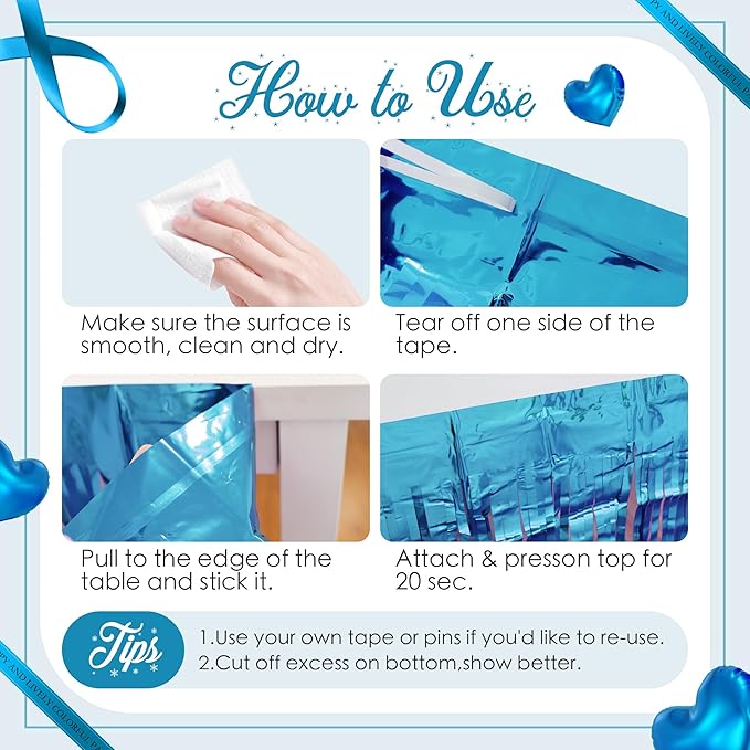 4 Pack Lake Blue Table Skirts, 29x108" Metallic Foil Tinsel Fringe Table Skirts for Rectangle Tables Streamer Curtains Backdrop, Party Decorations for Birthdays Weddings Holidays