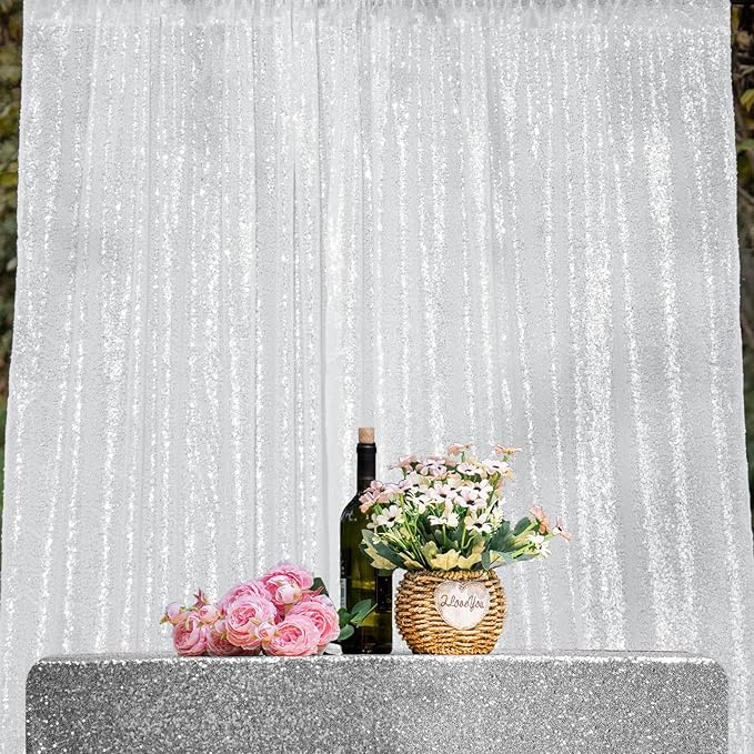 White Sequin Backdrop 2FTx8FT 4 Panels Curtains Party Curtains Sparkle Glitter for Birthday Wedding