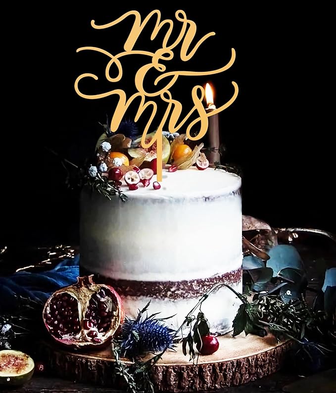 Mr and Mrs Cake Topper - Glitter Gold Acrylic Wedding Cake Decorations, Bride and Groom Cake Pick (Gold)