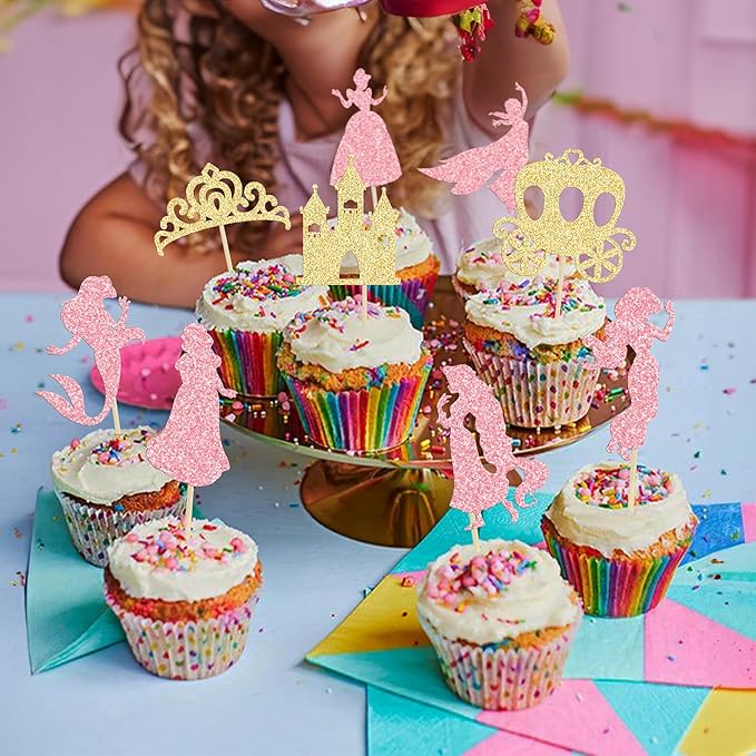 Gyufise 36Pcs Princess Cupcake Toppers Crown Castle Girl Cake Toppers Decorations Birthday Fruits Picks for Princess Girl Babyshower Theme Party Decoration