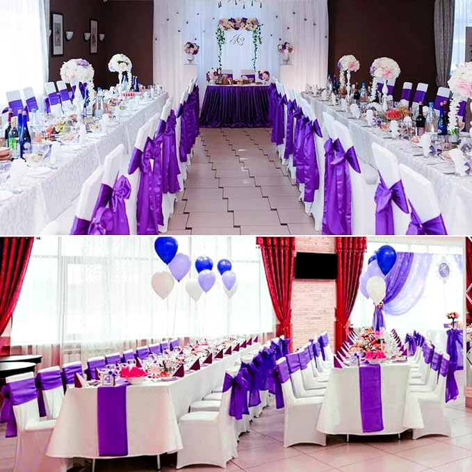 100 PCS Satin Chair Sashes Decorative Bow Satin Chair Sashes Ties Back Ribbon Bows Chairs Cover Band for Wedding Birthday Party Ceremony Reception Events Banquet Home Kitchen Decor(7 x108inch,Purple)