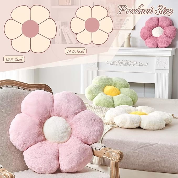 Pink Flower Pillow, Cute Decorative Flower Shaped Throw Pillow with Faux Rabbit Fur, 14.9" Soft Flower Plush Throw Pillow Floor Pillows Room Décor for Bedroom Living Room