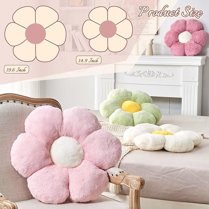 Hot Pink Flower Pillow, Cute Decorative Flower Shaped Throw Pillow with Faux Rabbit Fur, 14.9" Soft Flower Plush Throw Pillow Floor Pillows Room Décor for Bedroom Living Room