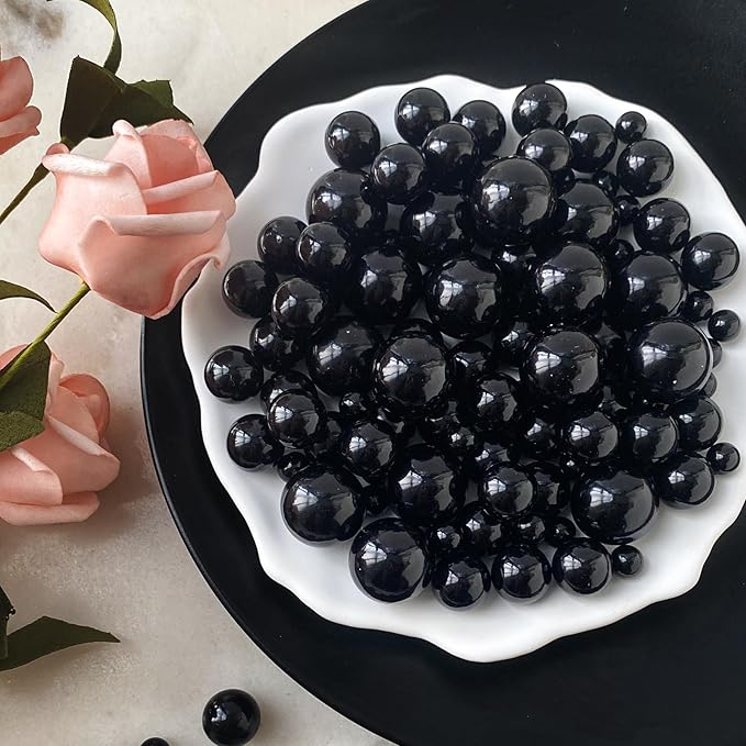 120 PCS 8/14/20mm No Hole Polish Pearl Beads for Centerpiece, Black Beads Decorative Vase Fillers, Plastics Pearls for Vases, Table Scatters, Wedding Party Decor