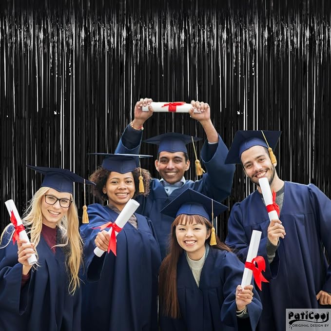 Black Streamers Party Decorations - Thicken 2 Pack 3.2 x 8.2 FT - Black Tinsel Foil Fringe Backdrop Curtains, Photo Booth Props for Birthday, Halloween, Retirement, Bachelor Party Decorations
