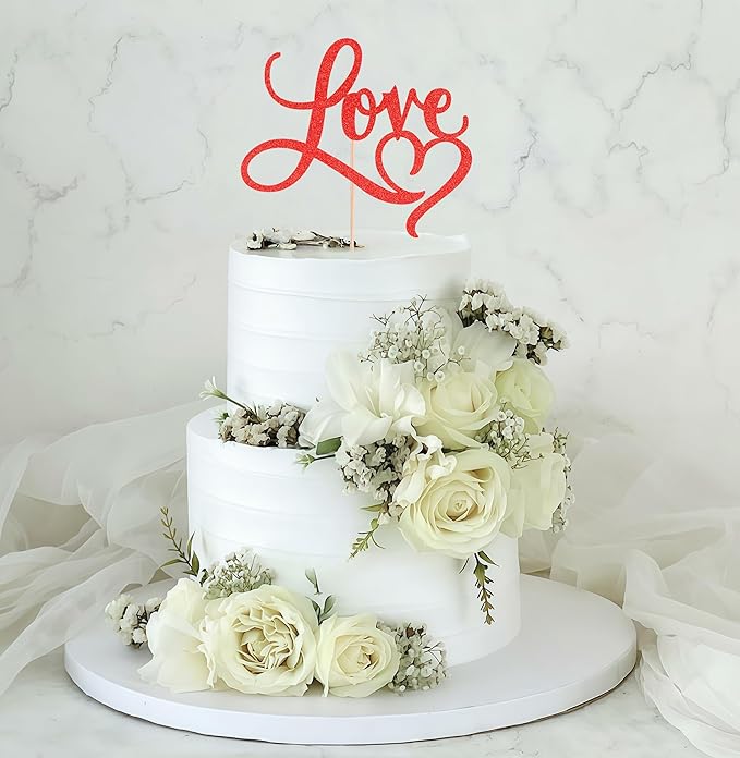 Love Cake Topper - Red Glitter Paper Wedding Cake Decoration Supplies, Perfect for Bridal Shower/Engagement/Anniversary/Birthday Party