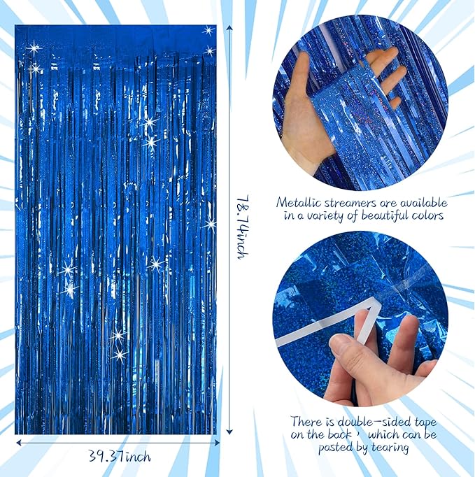 Tinsel Curtain Party Backdrop Blue Birthday Decorations 5 Packs Glitter Foil Fringe Curtain Party Decor Streamers Photo Booth for Birthday Christmas Wedding Halloween Graduation Decorations