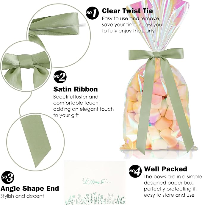 50 PCs Sage Green Bow Decor 5.5'' Satin Bows with Long Tail, Twist Tie Bows for Craft, Packaging Ribbon Bows, Premade Bows for Cake Decorating, Gift Bows for Treat, Wedding Favor, Party