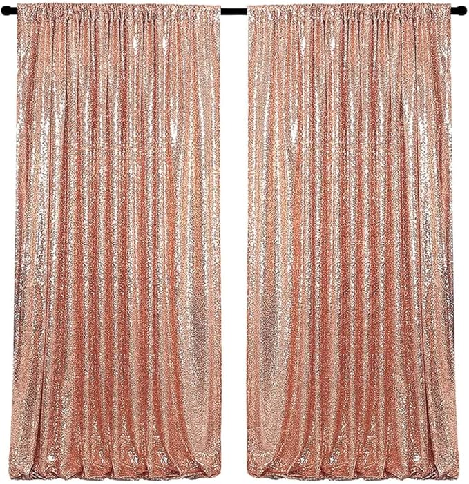 2 Panels Rose Gold Sequin Backdrop Curtain 4FTx8FT Glitter Sequence Drapes for Wedding Party Photography Background Décor