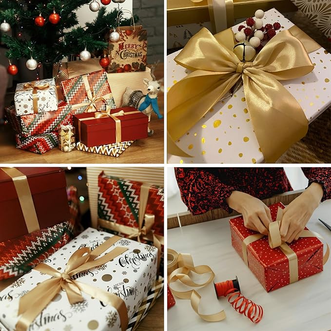 3/8" x 230 Yards Gold Satin Ribbon Single Faced Bulk Fabric Ribbons for Gift Wrapping, Crafting, Scrapbooking, Bows and Card Making