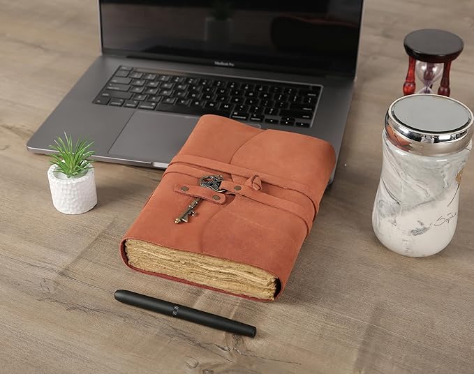 Leather Journal with Lined and Unlined Deckle Edge Paper 8x6 inch and Vintage Key | Handmade Writing Notebook Diary | Bound Daily Notepad for Men & Women Medium, Sketch/Writing pad for Artists