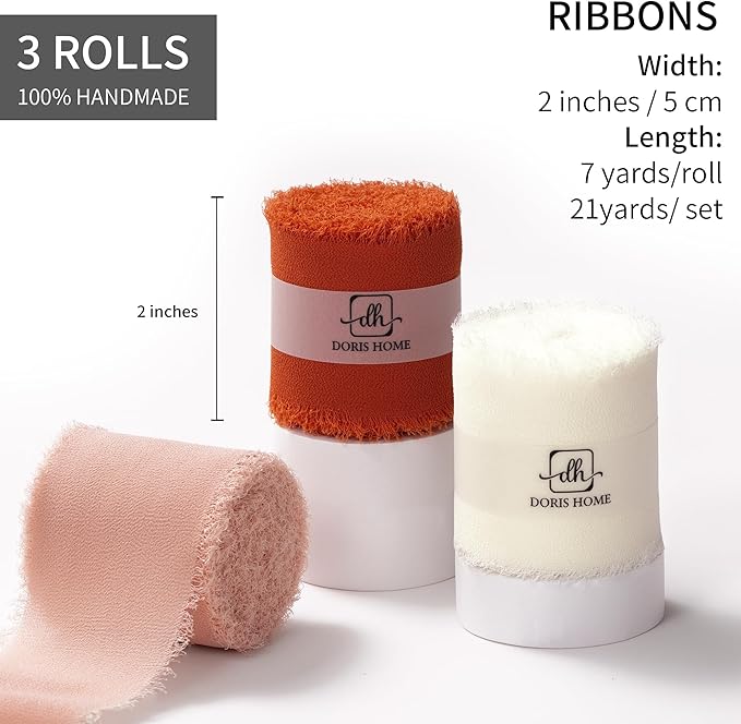DORIS HOME 2" x21Yd Chiffon Ribbon for Flower Bouquet, Orange & Cream Fabric Ribbon for Gift Wrapping, Handmade Frayed Ribbon for Wedding/Christmas Decorations