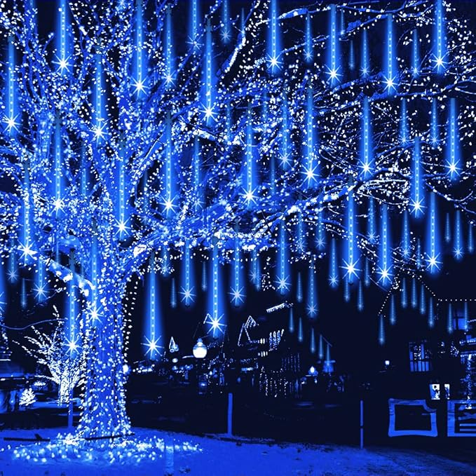 Christmas Lights Outdoor 32 Tubes 768 LEDs Meteor Shower Lights UL Certified Snow Falling Rain Drop Icicle String Light for Xmas Tree Halloween Decorations Wedding Party Garden Decor, Blue