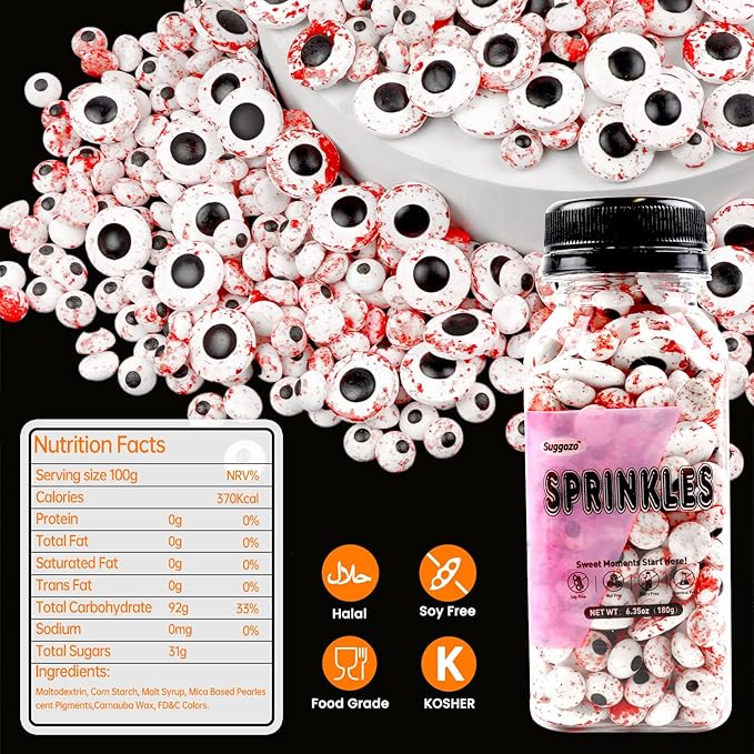 Halloween Sprinkles, Edible Eyeballs Candy, Bloody Eyes Sprinkles for Cake Decorating, Halloween Cupcake & Cookie Toppers, Creepy Party Candy Supplies, 180g/ 6.35oz