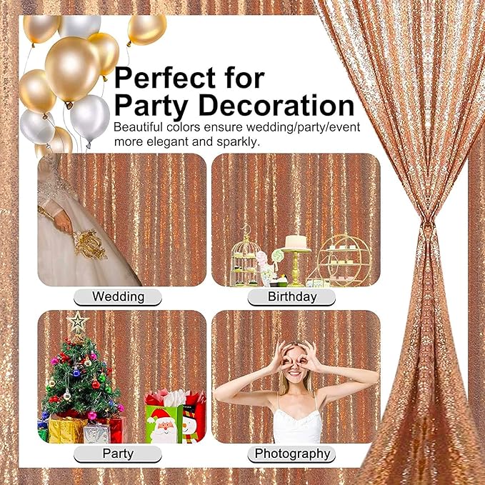 Rose Gold Sequin Backdrop Curtains Glitter Drapes 2FTx8FT 2 Panels for Wedding Birthday Party Decorations Bridal Baby Shower Party Supplies Sparkly Photography Background
