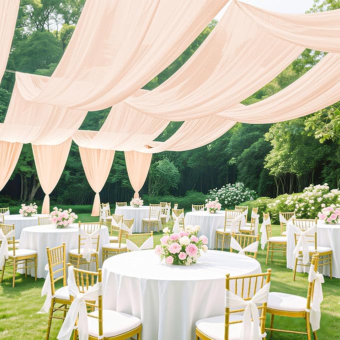 Wedding Arch Draping Fabric 5FTx20FT 2 Panels Ceiling Drapes Champagne Party Decorations Chiffon Backdrop Swag Curtains Sheer Fabric Wedding Arch Drapery Ceiling Tent Drape Decor for Altar Stage