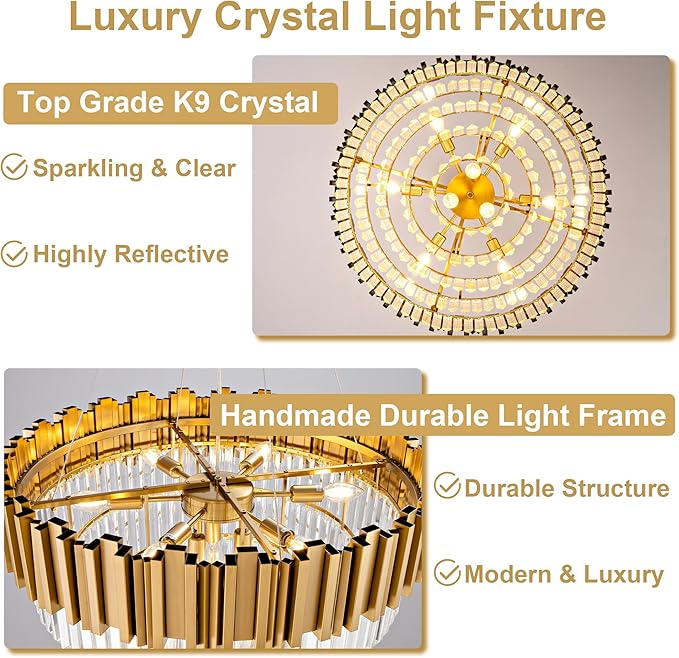 Modern Crystal Chandelier, 27.5" Gold Chandelier for Dining Room, 9-Light Luxury Round Chandeliers, 5-Tier Contemporary Light Fixture for Living Room, Bedroom, Foyer, Entryway
