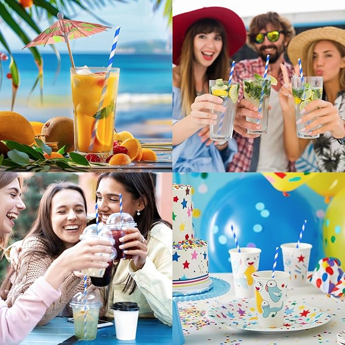 Blue Stripes Disposable Paper Party Straws for Drinking 7.75 inch 100 Counts, Compostable - for Cocktail, Coffee, Juice