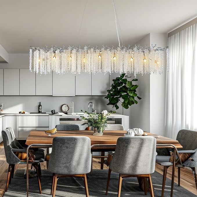 YUYI Modern Crystal Chandelier, 60" Silver Tree Branch Chandelier for Dining Room, Large Rectangular, Luxury High Ceiling Light Fixture for Living Room, Kitchen, Foyer