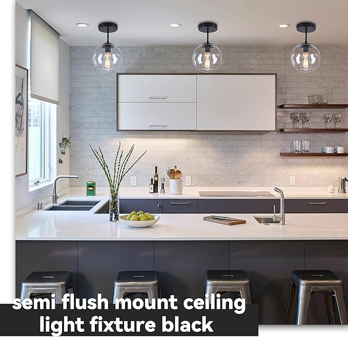 Black Semi Flush Mount Ceiling Light Fixture with Clear Glass Light Fixture Mid Century Light Fixtures Black Semi Flush Ceiling Light Fixtures for Dining Room Kitchen (Bulb Included)
