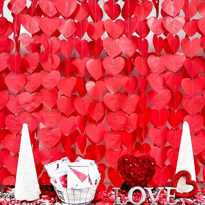 205 Ft Red Party Decorations Red Heart Backdrop Streamer Tissue Paper Love Heart Hanging Garland for Valentines Birthday Anniversary Engagement Wedding Bridal Shower Baby Shower Hen Party Supplies