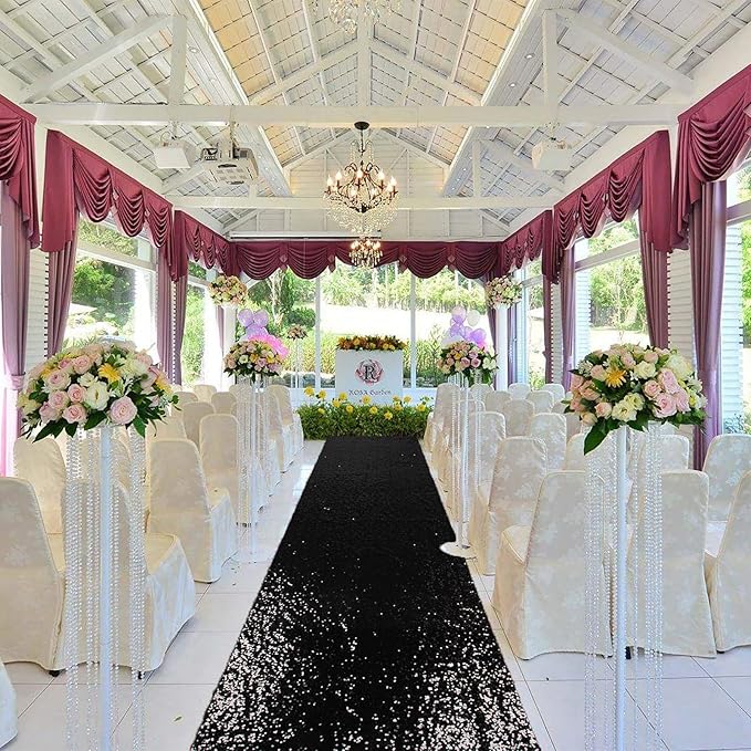 ShinyBeauty 2FTx15FT Black Sequin Glitter Aisle Runner | Sparkle Carpet for Weddings, Proms, Parties, Black Runners Rug