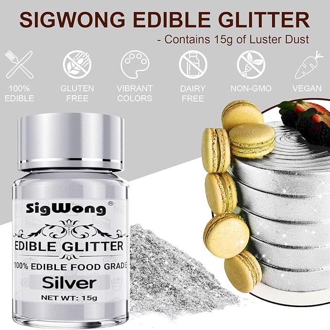 Silver Edible Glitter - 15g Food Grade Luster Dust Powder, Cake Decorating Sprinkle Glimmery Dust for Drinks, Wine, Fondant, Chocolate, Candy, Cookie, Vegan