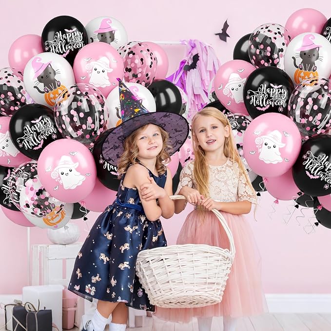 Halloween Balloons, 52 PCS Pink Black Halloween Balloons with Pumpkin Cat, Ghost Printed Balloon, Pink Black Confetti Latex Balloon for Ghost Party Decorations