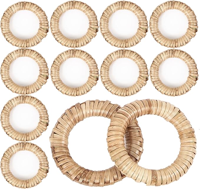 Woven Napkin Rings Set of 12 - Handmade Rattan Napkin Holders for Farmhouse Table Décor, Rustic Holiday Dining, Wedding, Thanksgiving, Christmas & Everyday Use (Natural) - CLEENTABLE
