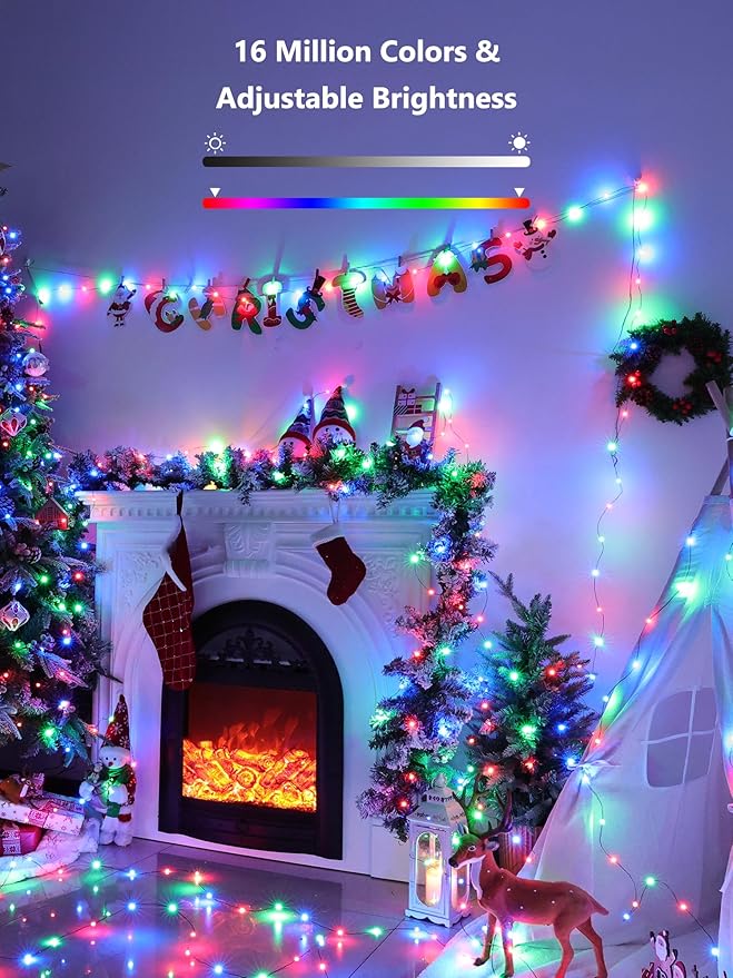 BrizLabs Smart Christmas Fairy Lights, 33ft 100 LED Color Changing Christmas Lights Work with Alexa & Google Home, Rainbow Xmas Light Dimmable Halloween Lighting Green Wire for Xmas Halloween Party