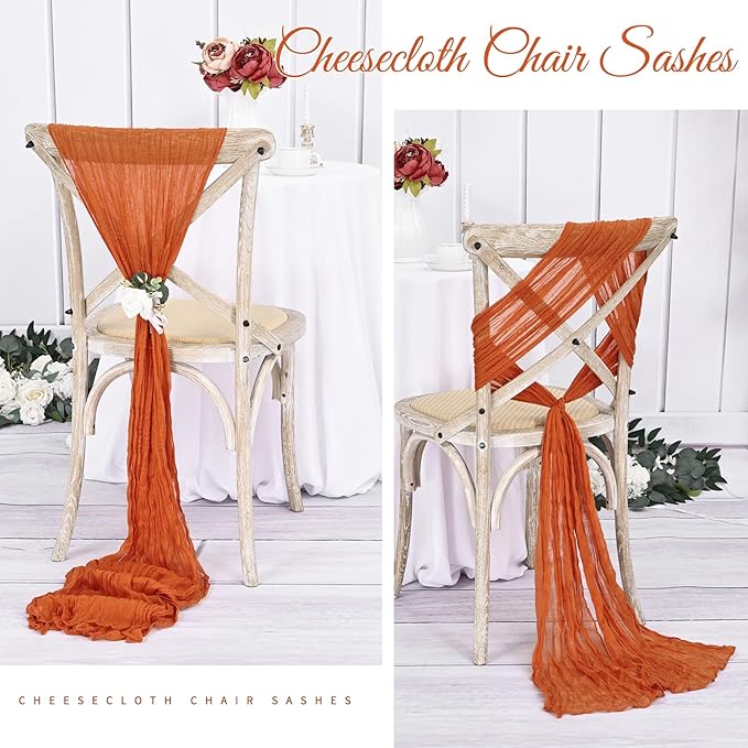 36 Pcs Burnt Orange Cheesecloth Chair Sashes, 16 x 108 inch Gauze Fabric Washable Chair Sashes Bows Designed for Aisle Decorations Universal Chair Cover Decor for Wedding Reception Party Banquet
