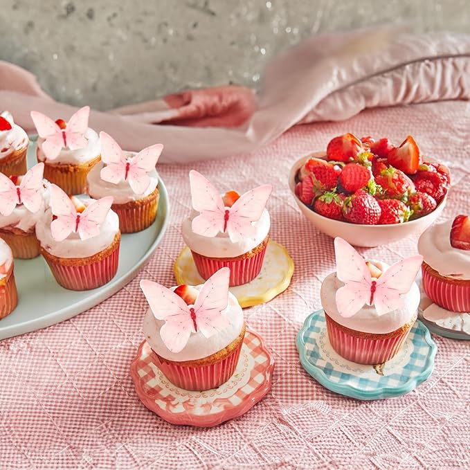 Ephlyn 48Pcs Edible Butterfly Cupcake Toppers Butterfly Cupcake Picks Edible Spring Cupcake Decorations for Spring Theme Baby Shower Kids Birthday Party Cake Supplies Pink