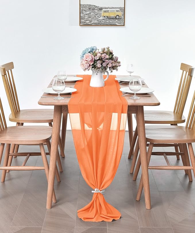 5 Pack 10Ft Chiffon Orange Table Runner Sheer 29x120 Inch for Romantic Wedding Decor Bridal & Baby Shower Birthday Rustic Party Decoration