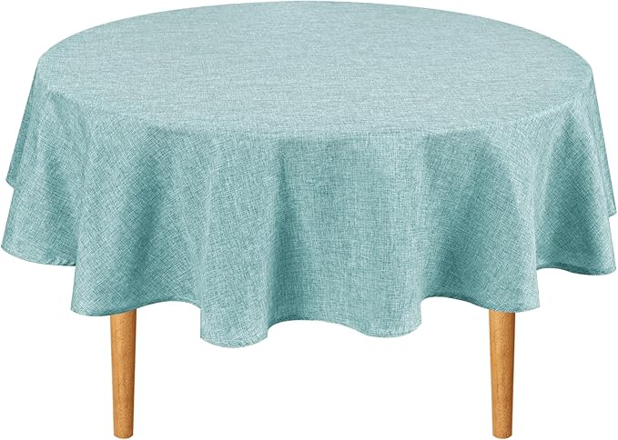 Hiasan Round Linen Tablecloth 50 Inch - Wrinkle and Stain Resistant Washable Polyester Fabric Table Cloth for Dining Room Kitchen Party, Aqua