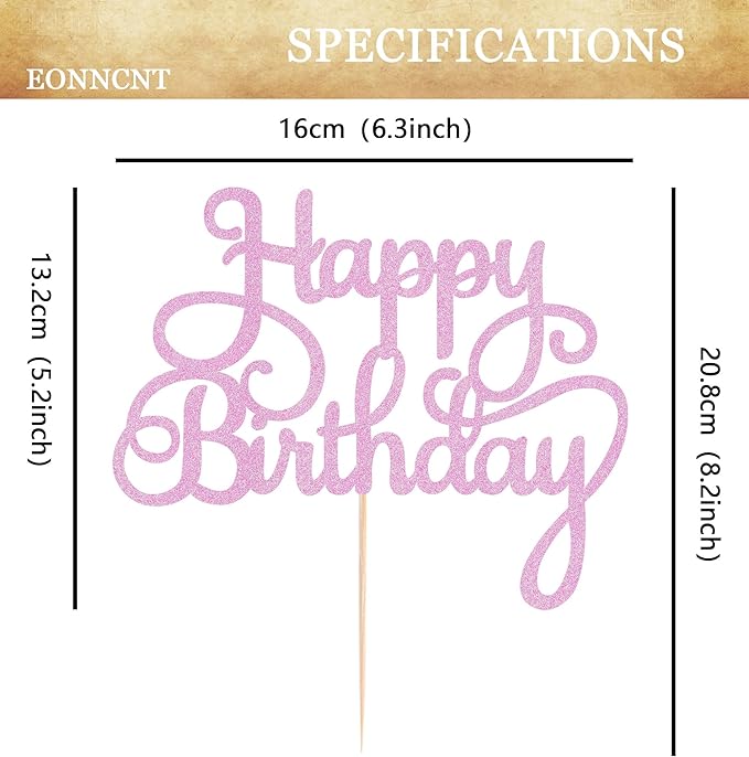 Happy Birthday Cake Topper - Pink Glitter Birthday Party Cake Decoration Supplies - Happy Birthday Cake Decor, for Anniversary/Birthday Party Supplies Photo Booth Props