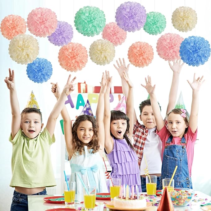 EASY JOY 15PCS Pastel Paper Tissue Pom Poms Decoration Macaron Rainbow Candy Ice Cream Easter Flowers Wall Hanging Decor for Birthday Wedding Baby Shower