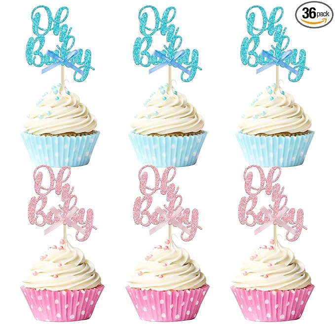 Gyufise 36Pcs Oh Baby Cupcake Toppers Pink Blue Bow Glitter Baby Shower Gender Reveal Cupcake Picks for Boy or Girl Theme Baby Shower Kids Birthday Party Cake Decorations Supplies