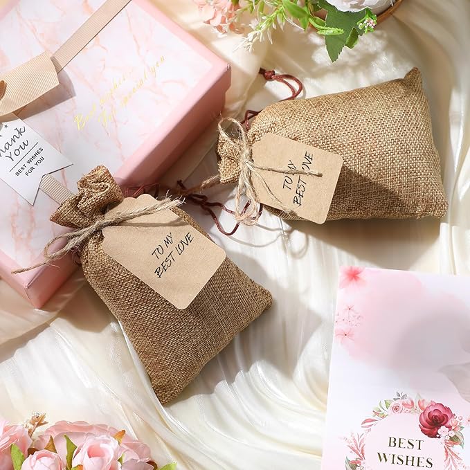 Woanger 100 Pcs Burlap Gift Bags with 100 Pcs Kraft Paper Gift Tags with Drawstring Favor Bulk Burlap Sack Bags for DIY Wedding Party Craft(3 x 4 Inch,Dark Brown)