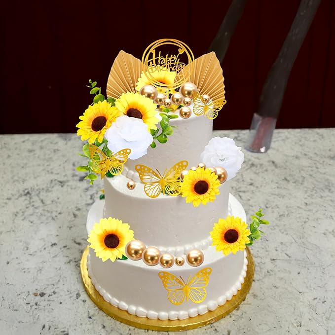 Gyufise 54Pcs Artificial Sunflower Cake Decorations Acrylic Happy Birthday Cake Topper Butterfly Balloon Cake Toppers for DIY Wedding Birthday Valentine's Day Party Supplies Yellow
