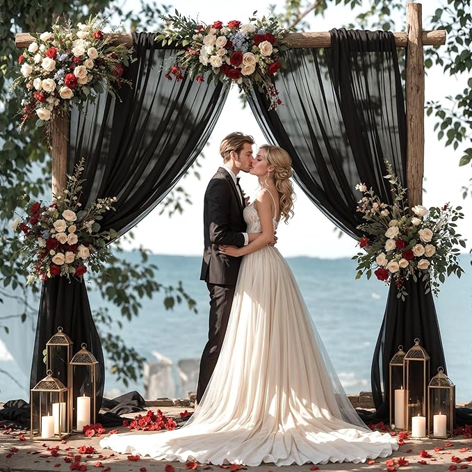 Wedding Arch Draping Fabric,1 Panel 18FT Black Sheer Chiffon Curtain Drapes 6 Yards for Wedding Ceremony Birthday Party Decoration