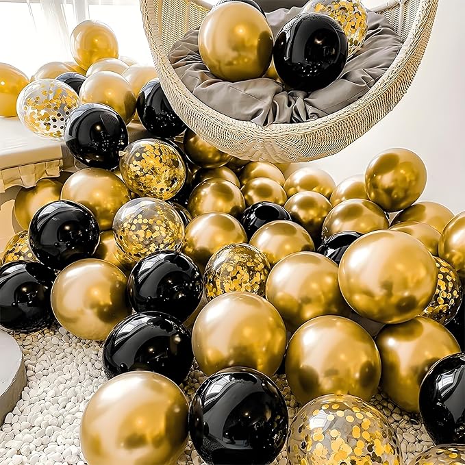 Balloon Column Kit Set of 2 With Confetti Balloons Included - with Base, and Pole,Balloon Tower Backdrop Decoration for Wedding, Baby Shower, Birthday Party, or Bachelorette Parties (Black Gold)